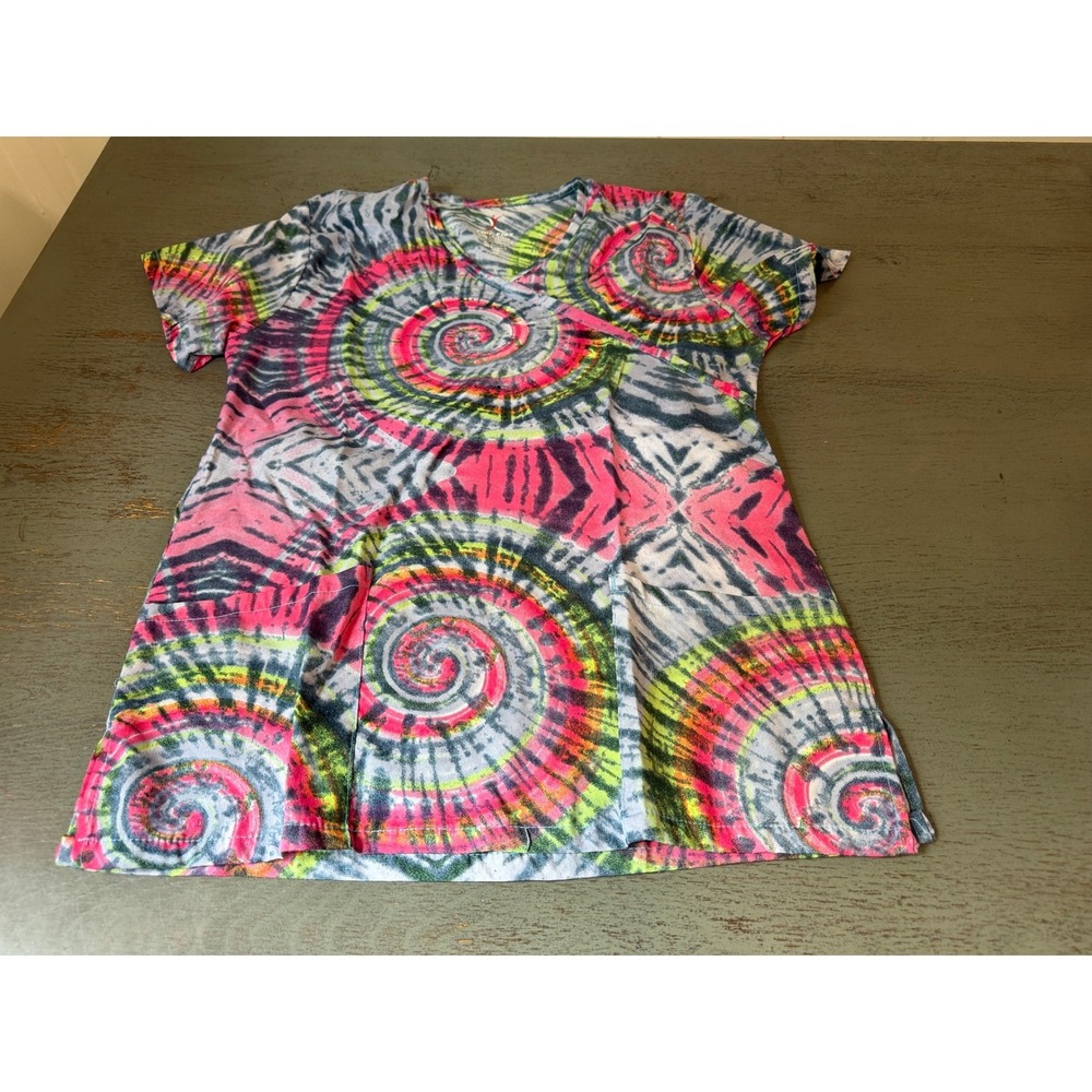 Chic Flex Scrub Top Womens XS Multi Color Tie Dye Spiral V-Neck Medical Tunic